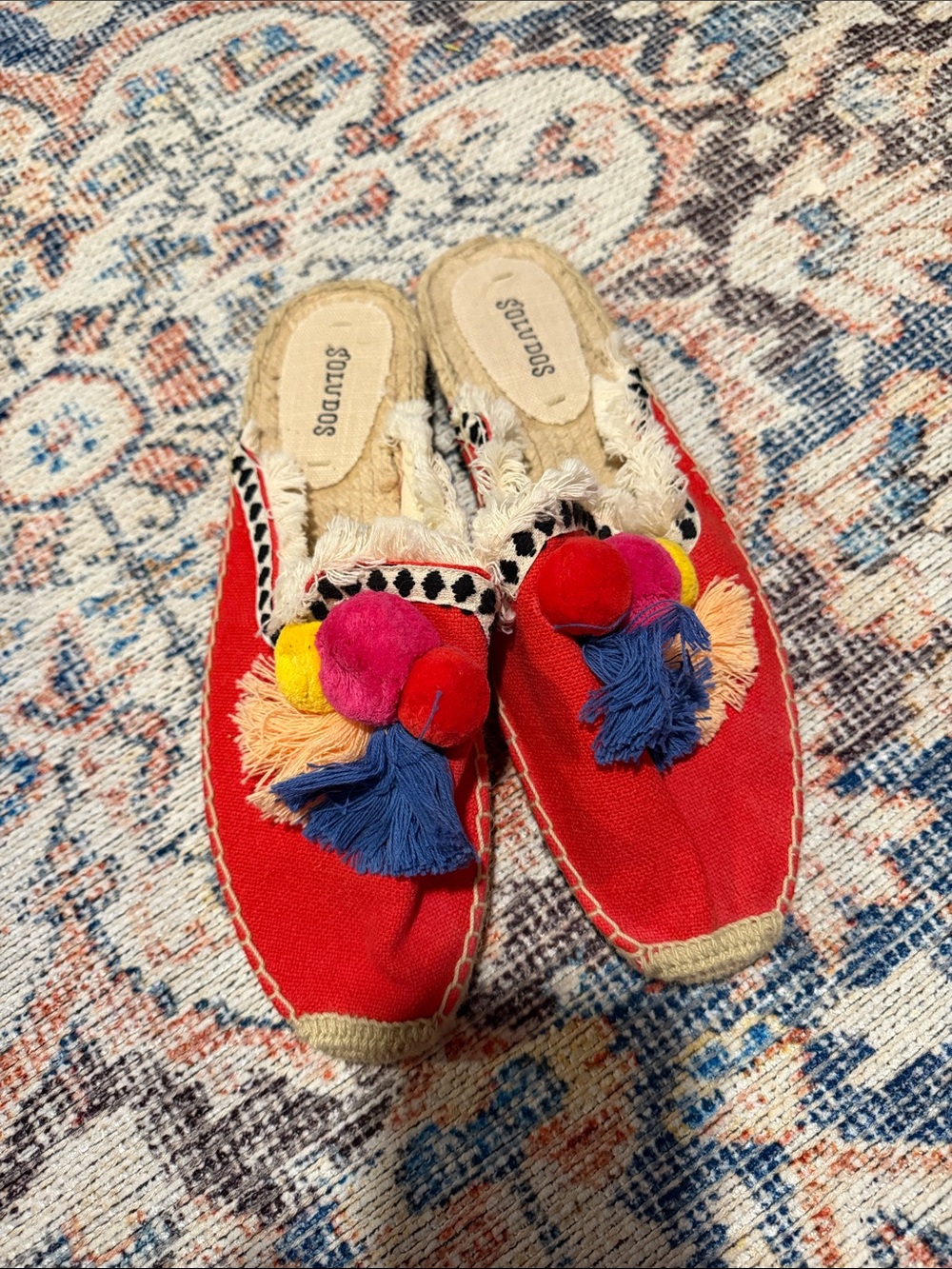 Soludos Red Canvas Espadrille Mules with Multicolor Pom-Poms